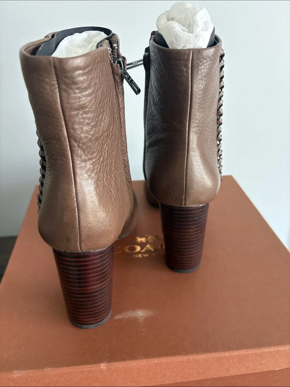 Coach Brown Leather Chain-Trim Block Heel Ankle Boots